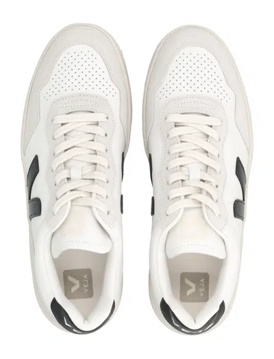 Veja V-90 White And Black Leather Sneakers In White