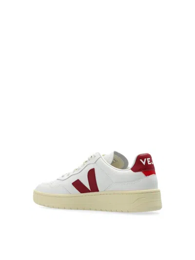 Veja V-90 Panelled Leather Sneakers In White And Red