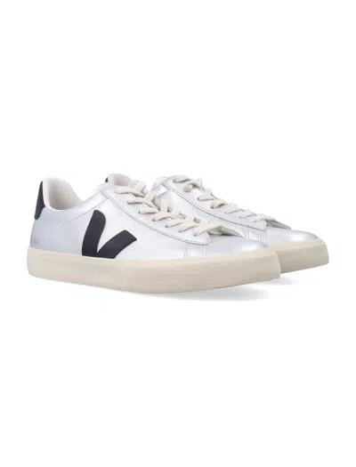 Veja Campo Silver And Black Leather Sneakers In Silver
