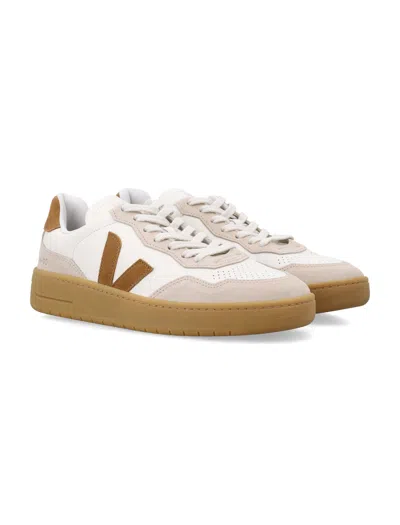 Veja V-90 White And Camel Leather Sneakers In Neutral