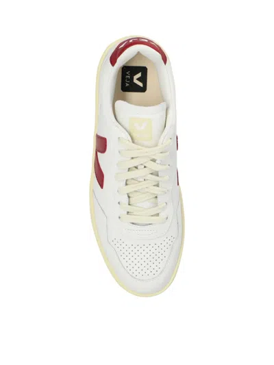 Veja V-90 Panelled Leather Sneakers In White And Red