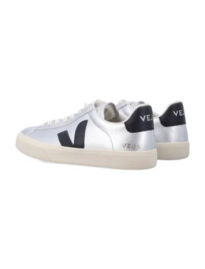 Veja Campo Silver And Black Leather Sneakers In Silver