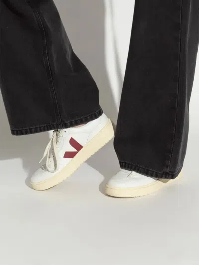Veja V-90 Panelled Leather Sneakers In White And Red