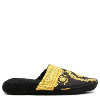 Versace Black Cotton Sandal In Gold