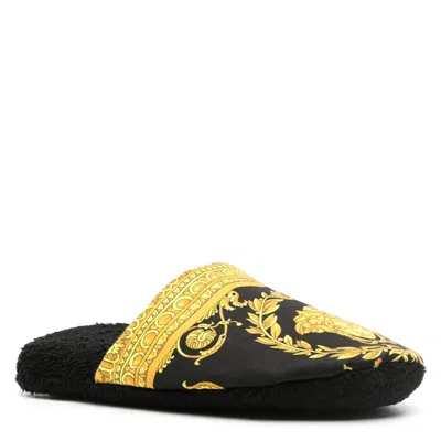 Versace Black Cotton Sandal In Gold