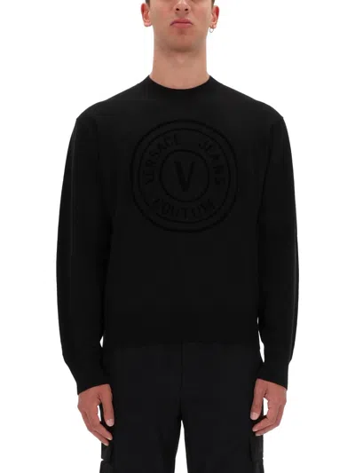 Versace Jeans Couture Jersey With V-emblem In Black