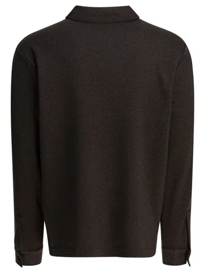 Vince Herringbone Zipped Pocket Polo Shirt In Brown