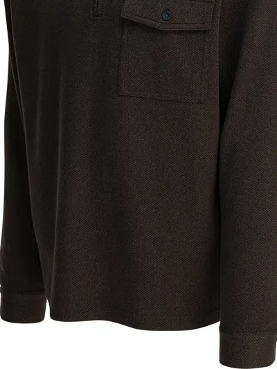 Vince Herringbone Zipped Pocket Polo Shirt In Brown