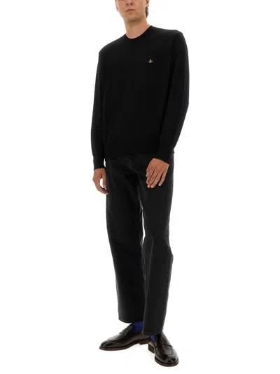 Vivienne Westwood Crewneck Sweater With Embroidered Emblem And Ribbed Details In Black