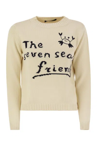 Weekend Max Mara Max Mara Weekend Ivory Cotton Blend Sweater With Collection Motif Inlaid On The Fro In Yellow