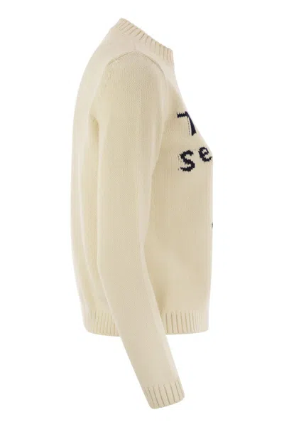 Weekend Max Mara Max Mara Weekend Ivory Cotton Blend Sweater With Collection Motif Inlaid On The Fro In Yellow