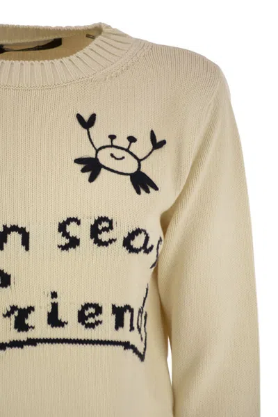 Weekend Max Mara Max Mara Weekend Ivory Cotton Blend Sweater With Collection Motif Inlaid On The Fro In Yellow
