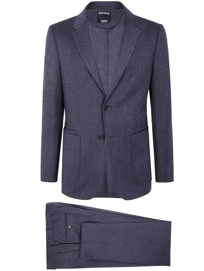 Zegna Wool Suit With Two Button Closure In Blue