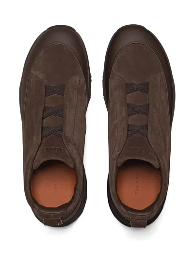 Zegna Baskets Triple Stitch Monte En Veau Velours Marron In Brown
