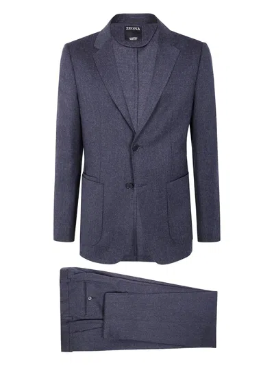 Zegna Wool Suit With Two Button Closure In Blue
