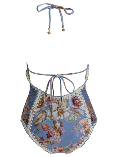Zimmermann Womens Chambray Floral Awaken Crochet Keyhole Swimsuit In Blue