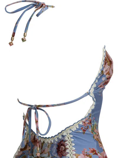 Zimmermann Womens Chambray Floral Awaken Crochet Keyhole Swimsuit In Blue