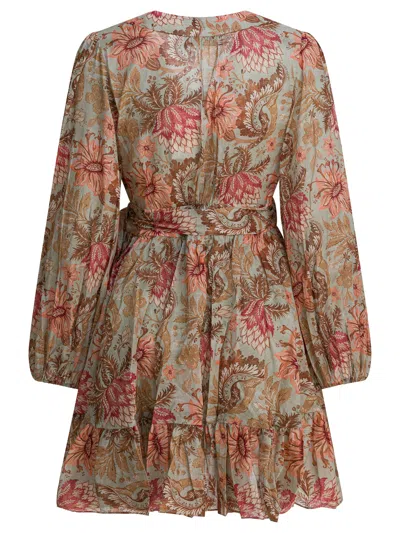 Zimmermann Daylight Mini Wrap Frill Dress Stamp Floral Sage In Brown