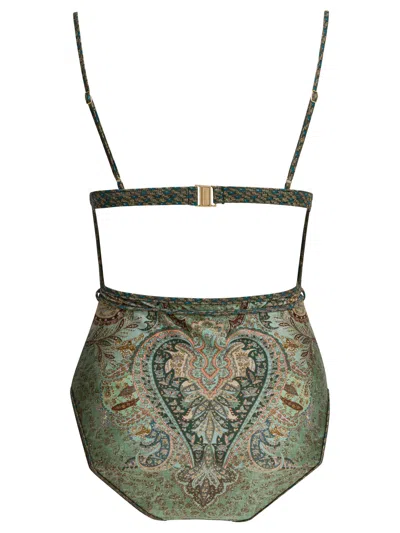 Zimmermann Wanderlust Belted Embellished Scalloped Printed Swimsuit In Green