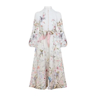 Zimmermann Rebellion Multicolor Midi Dress With Bow Detail On The Front And All-over Floral Print In Linen Woma