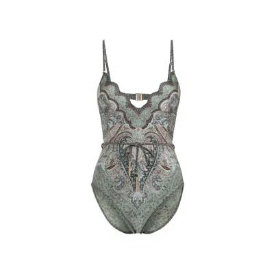 Zimmermann Wanderlust Belted Embellished Scalloped Printed Swimsuit In Green