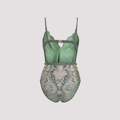 Zimmermann Wanderlust Belted Embellished Scalloped Printed Swimsuit In Green
