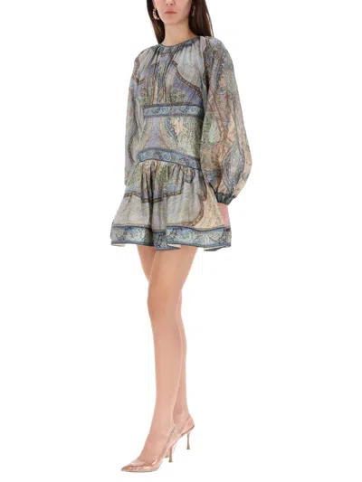 Zimmermann Wanderlust Multicolor Crewneck Mini Dress With Puffed Long Sleeves And All-over Print In Cotton And 
