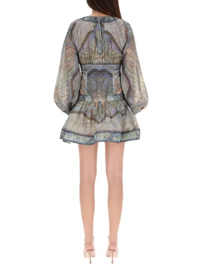 Zimmermann Wanderlust Multicolor Crewneck Mini Dress With Puffed Long Sleeves And All-over Print In Cotton And 