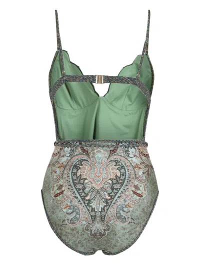 Zimmermann Wanderlust Belted Embellished Scalloped Printed Swimsuit In Green