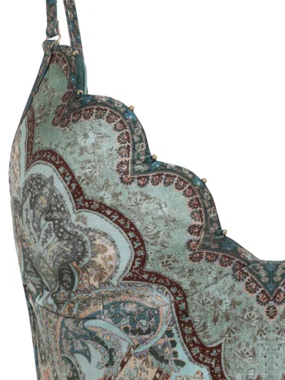 Zimmermann Wanderlust Belted Embellished Scalloped Printed Swimsuit In Green