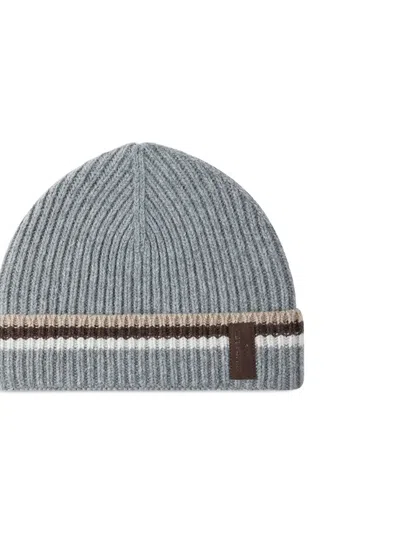 Paul & Shark Ribbed Striped Beanie Hat In Gray