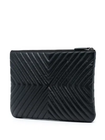 Pre-owned Chanel 2019 Medium Diagonal Chevron Calfskin Tassel O Case Clutch Bag In Black