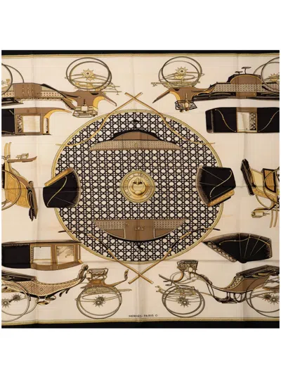 Pre-owned Hermes 20th Century Les Voitures A Transformation Silk Scarf 90 Scarves In White