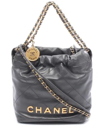Pre-owned Chanel 2021-2025 Mini Lambskin 22 Handbag Satchel In Gray