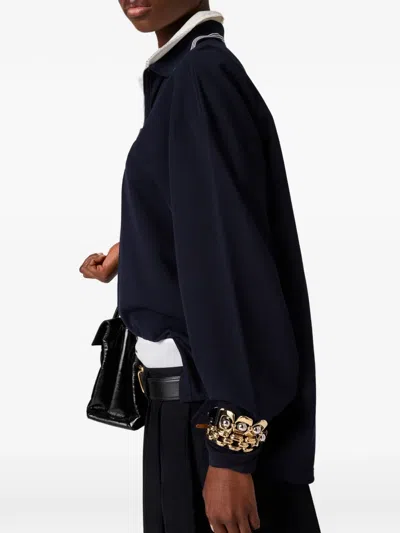 Miu Miu Cotton Polo Shirt With Asymmetric Metal Zip Detail In Blue