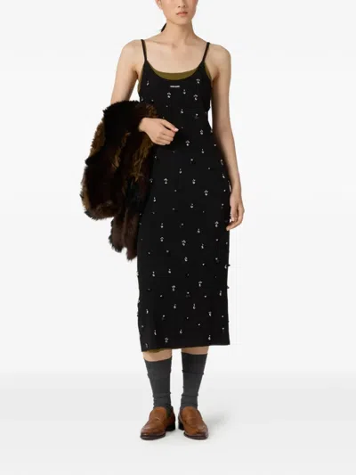 Miu Miu Embroidered Stretch Midi Dress In Black