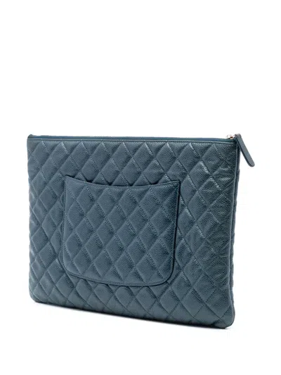 Pre-owned Chanel 2018 Large Quilted Caviar O Case Clutch Bag In Blue