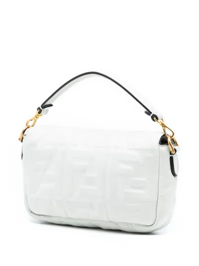 Pre-owned Fendi 2010-2025 Mini Zucca Embossed Leather Baguette Satchel In White