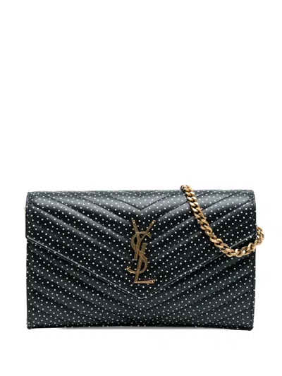 Pre-owned Saint Laurent 2020 Quilted Chevron Calfskin Polka Dot Monogram Envelope Chain Wallet Crossbody Bag In Black