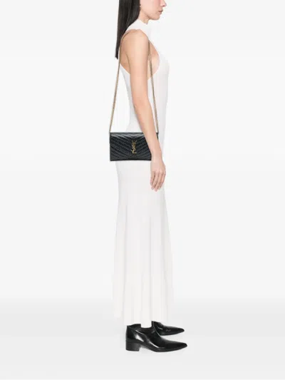 Pre-owned Saint Laurent 2020 Quilted Chevron Calfskin Polka Dot Monogram Envelope Chain Wallet Crossbody Bag In Black