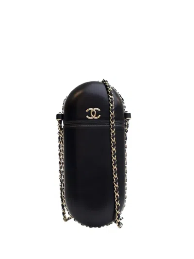 Pre-owned Chanel 2015-2016 Cc Lambskin Chain Around Phone Holder Crossbody Bag In Black
