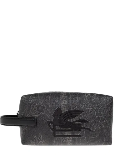 Etro Medium Arnica Pegasus-logo Paisley Wash Bag In Gray