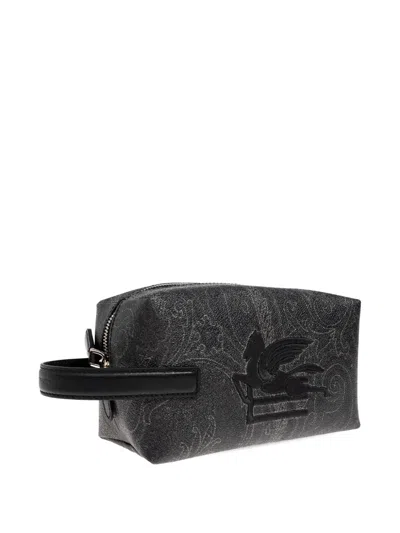 Etro Medium Arnica Pegasus-logo Paisley Wash Bag In Gray