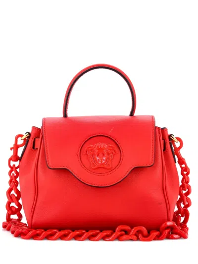 Pre-owned Versace La Medusa Top Handle Bag Leather Small Satchel In Red