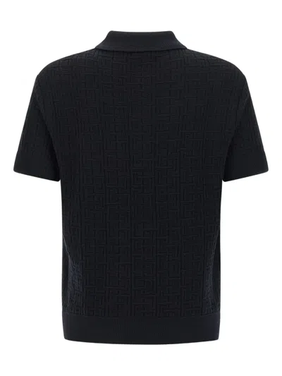 Balmain Textured Black Knitted Polo With Classic Collar In Multi