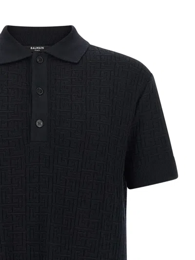 Balmain Textured Black Knitted Polo With Classic Collar In Multi