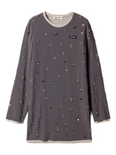 Miu Miu Embroidered Long-sleeve Mini Dress In Gray