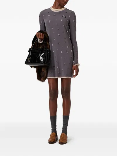 Miu Miu Embroidered Long-sleeve Mini Dress In Gray