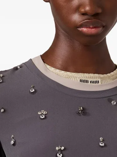 Miu Miu Embroidered Long-sleeve Mini Dress In Gray