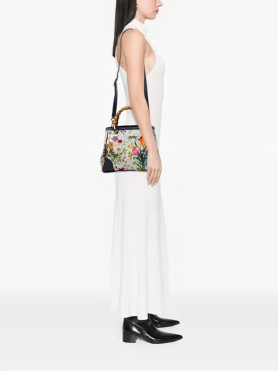 Pre-owned Gucci 2000-2015 Small Canvas Flora Bamboo Shopper Satchel In Blue